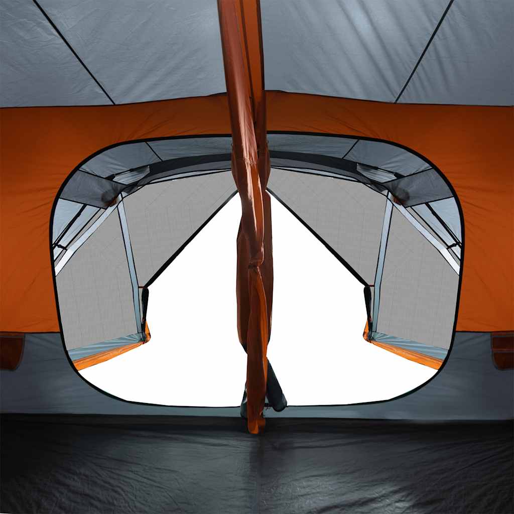 Detail van de grijs-oranje tent van vidaXL met dubbele toegang en ventilatieroosters.