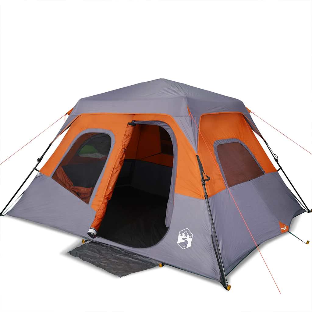 Zijaanzicht van de vidaXL 6-persoons tent in grijs en oranje met open deur.