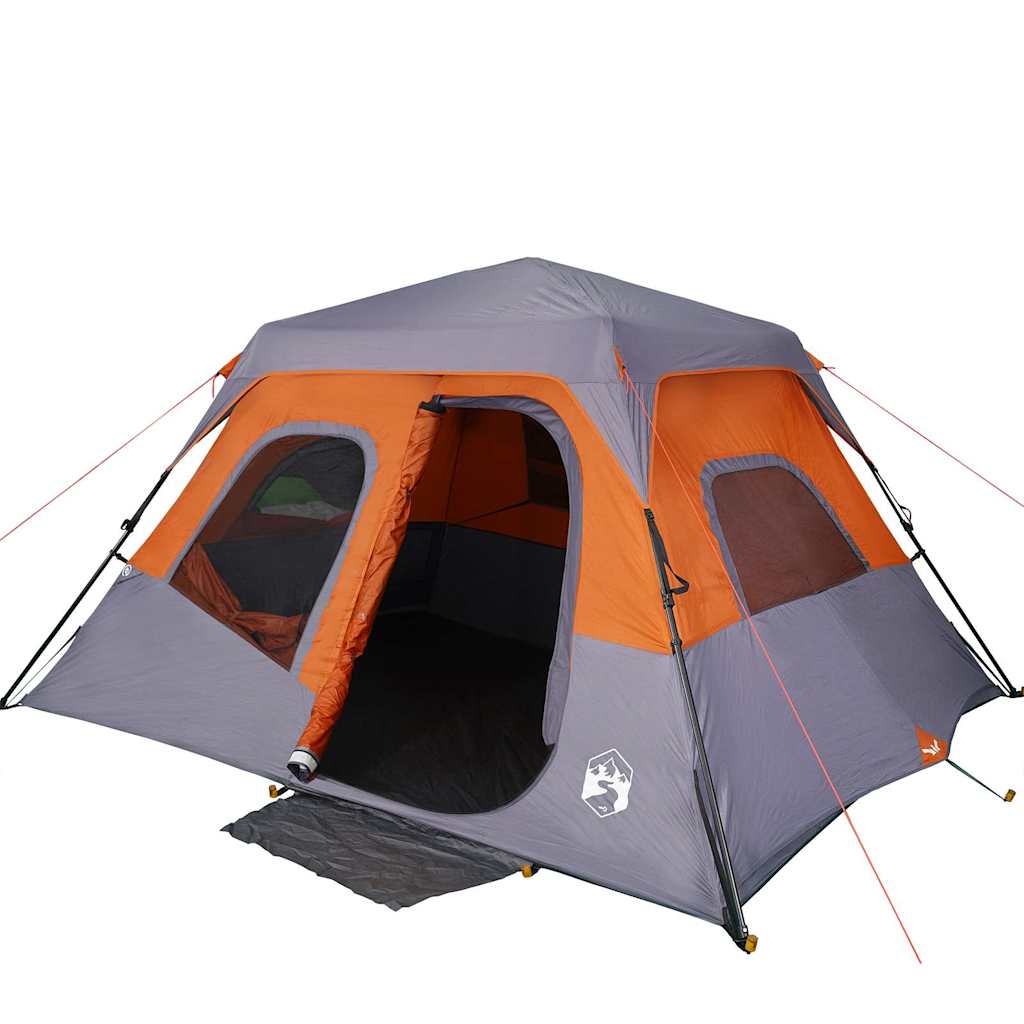 Detail van de grijs-oranje vidaXL tent met grote ramen en snelspansysteem.