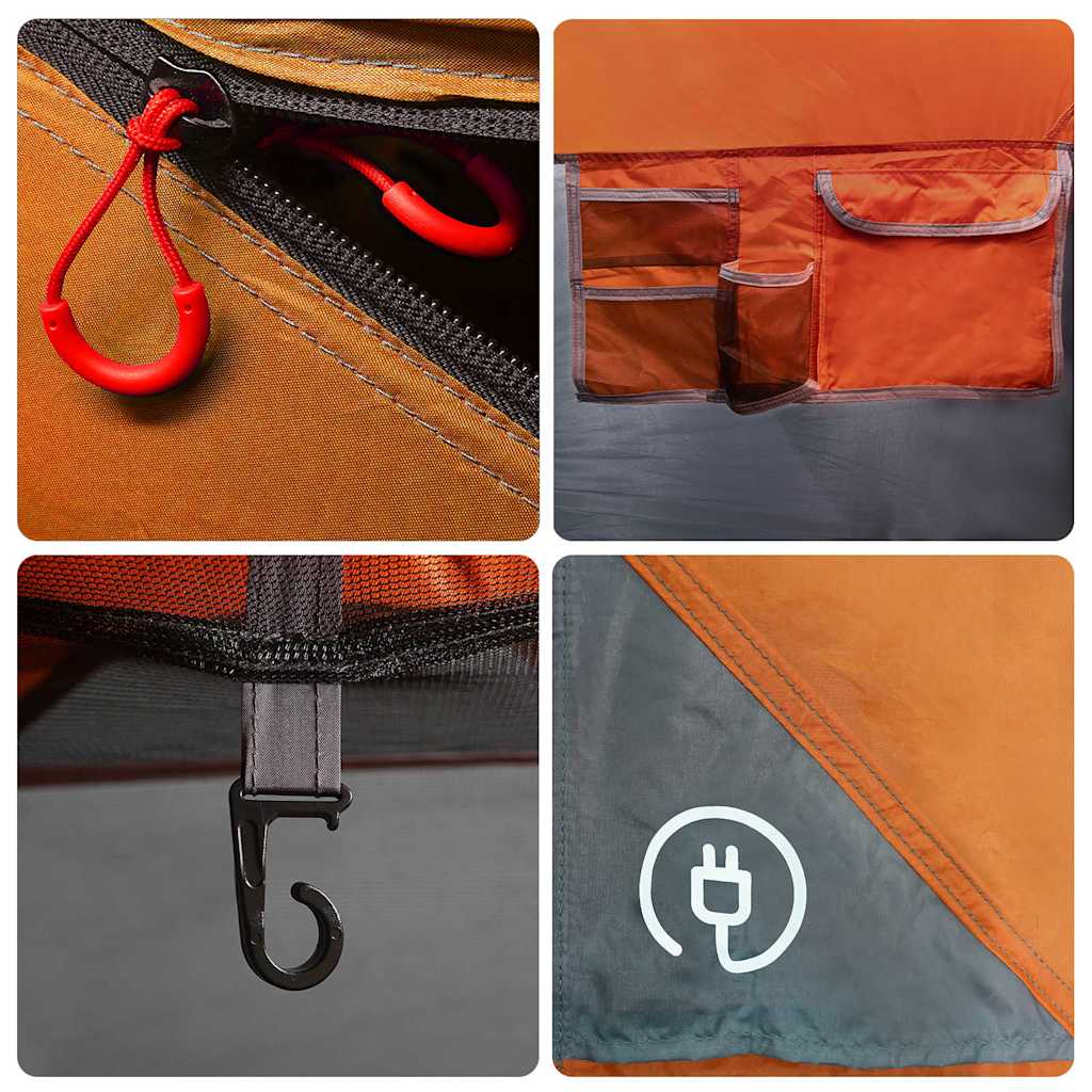 Detail van de oranje binnenkant met opbergvakken en bevestigingshaken van de vidaXL tent.