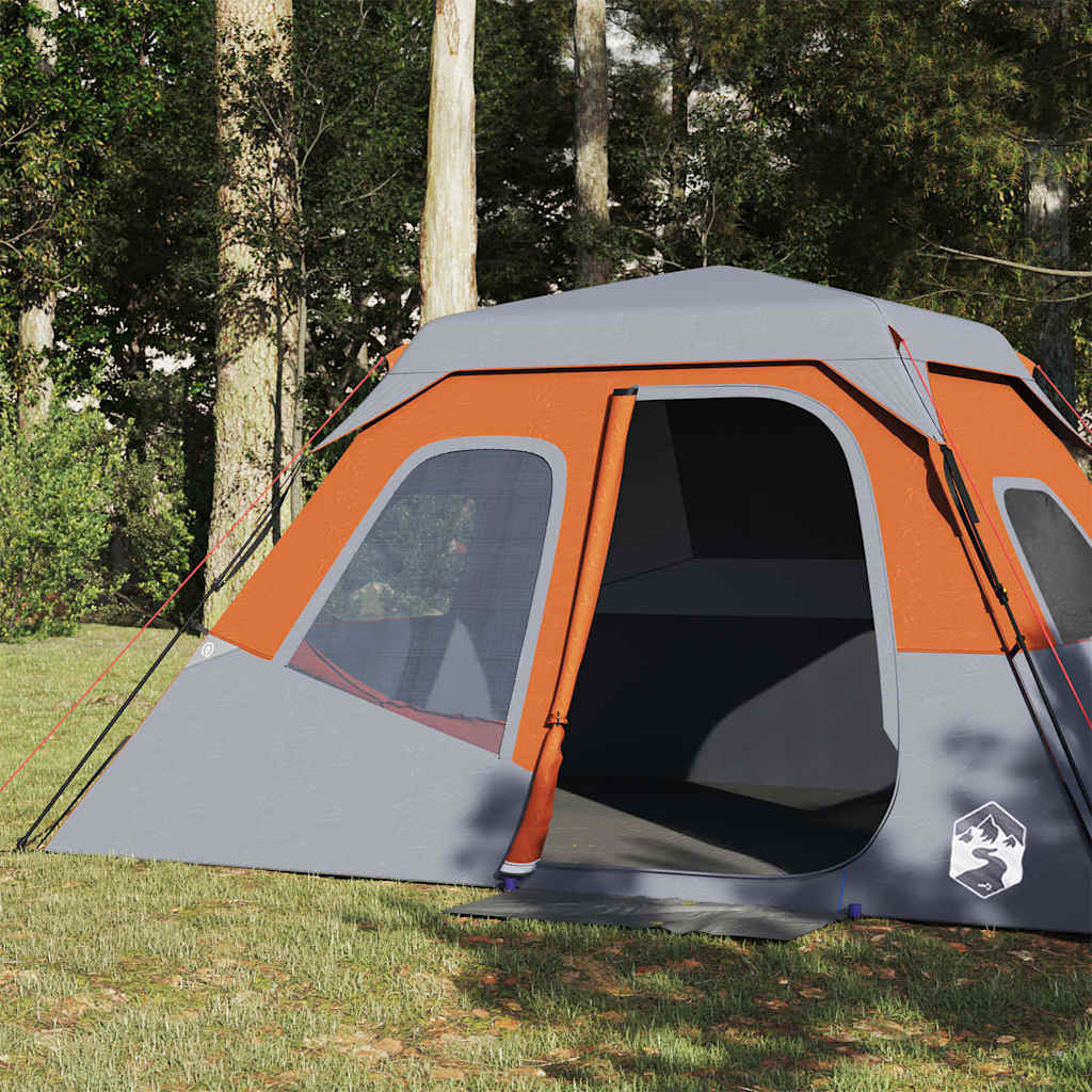 Detail van de vidaXL tent met grijs en oranje, zijaanzicht met open ingang.