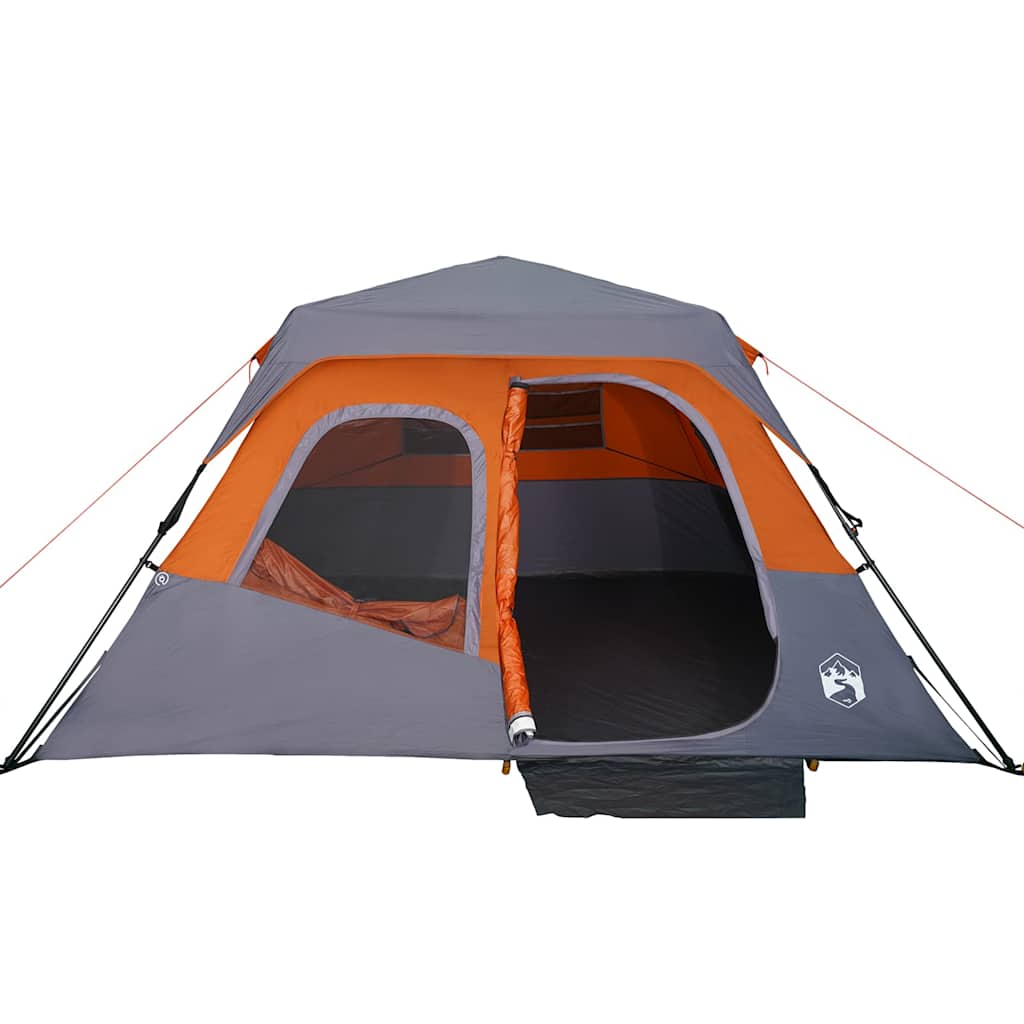 Detail van de grijs-oranje vidaXL tent met snelontgrendeling en ventilatieopeningen.