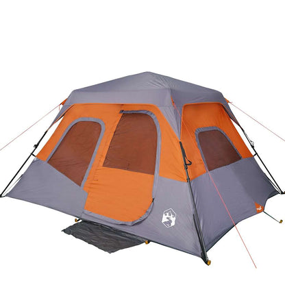 Zijaanzicht van de vidaXL 6-persoons tent in grijs en oranje met grote ramen.