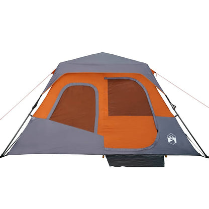 Detail van de grijs-oranje vidaXL tent met grote ventilatieramen en waterdichte constructie.