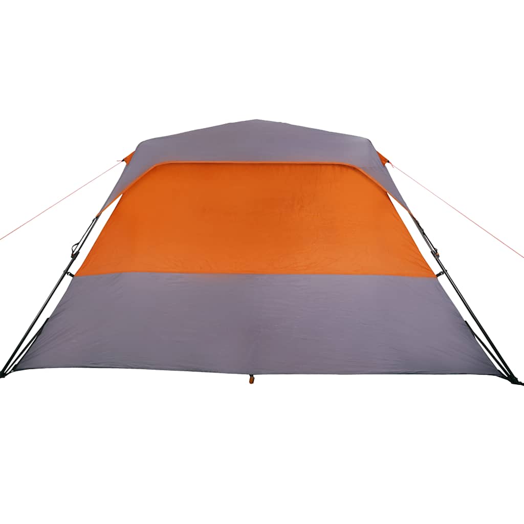 Detail van de grijs-oranje tent met waterdichte bovenkant en snelontgrendeling.