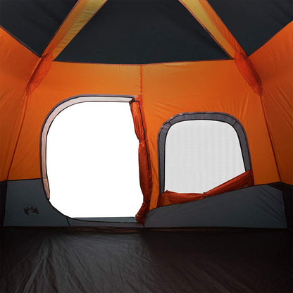 Detail van de oranje en grijze binnenkant van de vidaXL tent met ventilatieroosters.