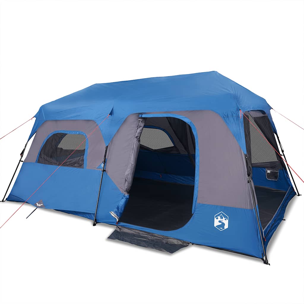 Zijaanzicht van de vidaXL gezinstent, waterdicht en snelopzetbaar in blauw met grote ventilatieroosters.