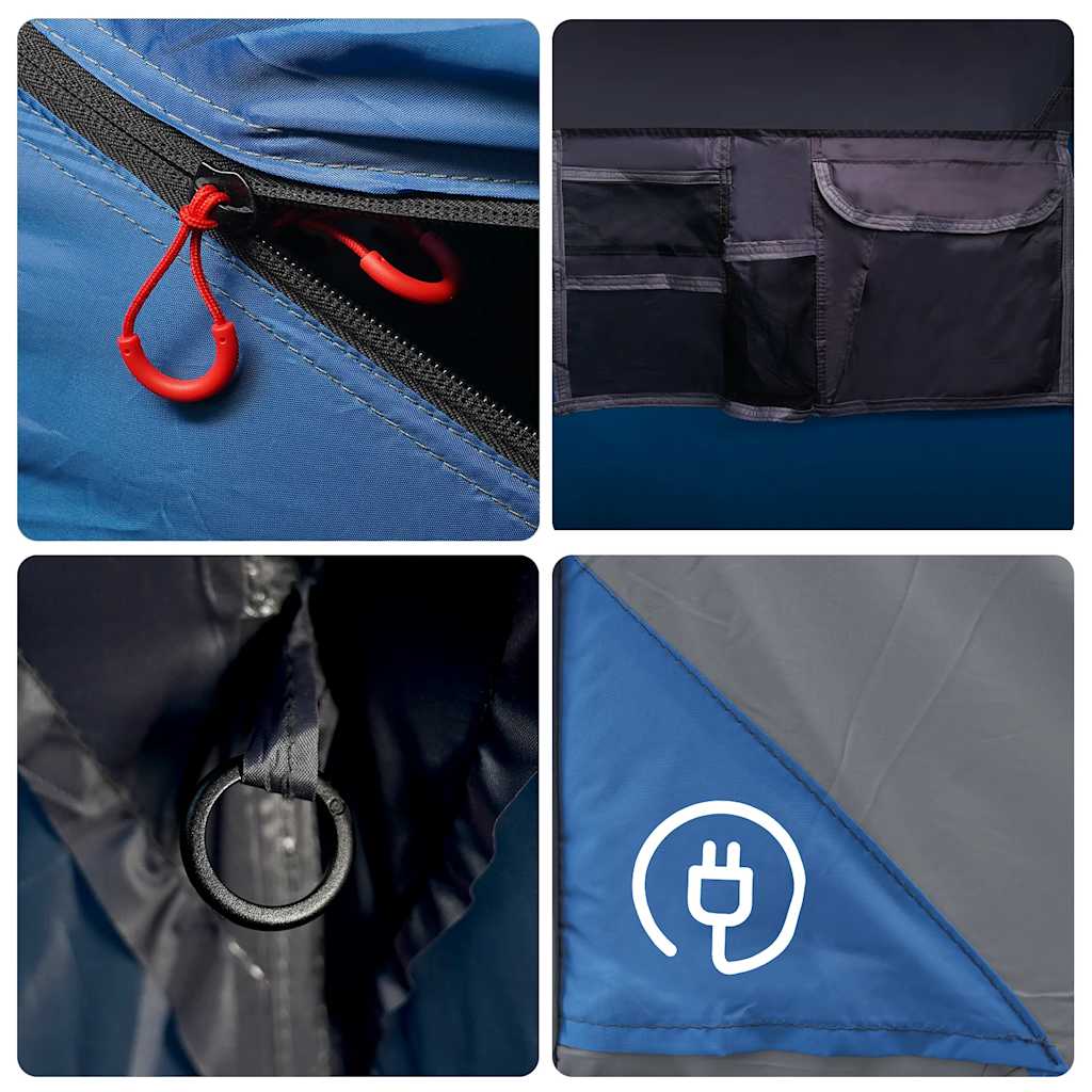 Detail van de rits en opbergvakken in de vidaXL gezinstent, blauw.