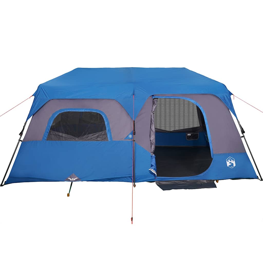 Zijaanzicht van de vidaXL gezinstent in blauw met grote ingangen en ventilatieroosters.