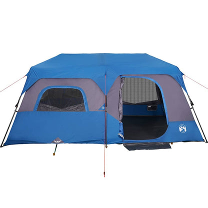 Zijaanzicht van de vidaXL gezinstent in blauw met grote ingangen en ventilatieroosters.