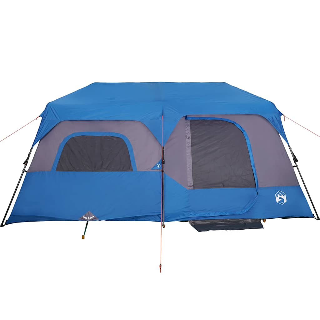 Zijaanzicht van de vidaXL gezinstent in blauw met grote ventilatieroosters.