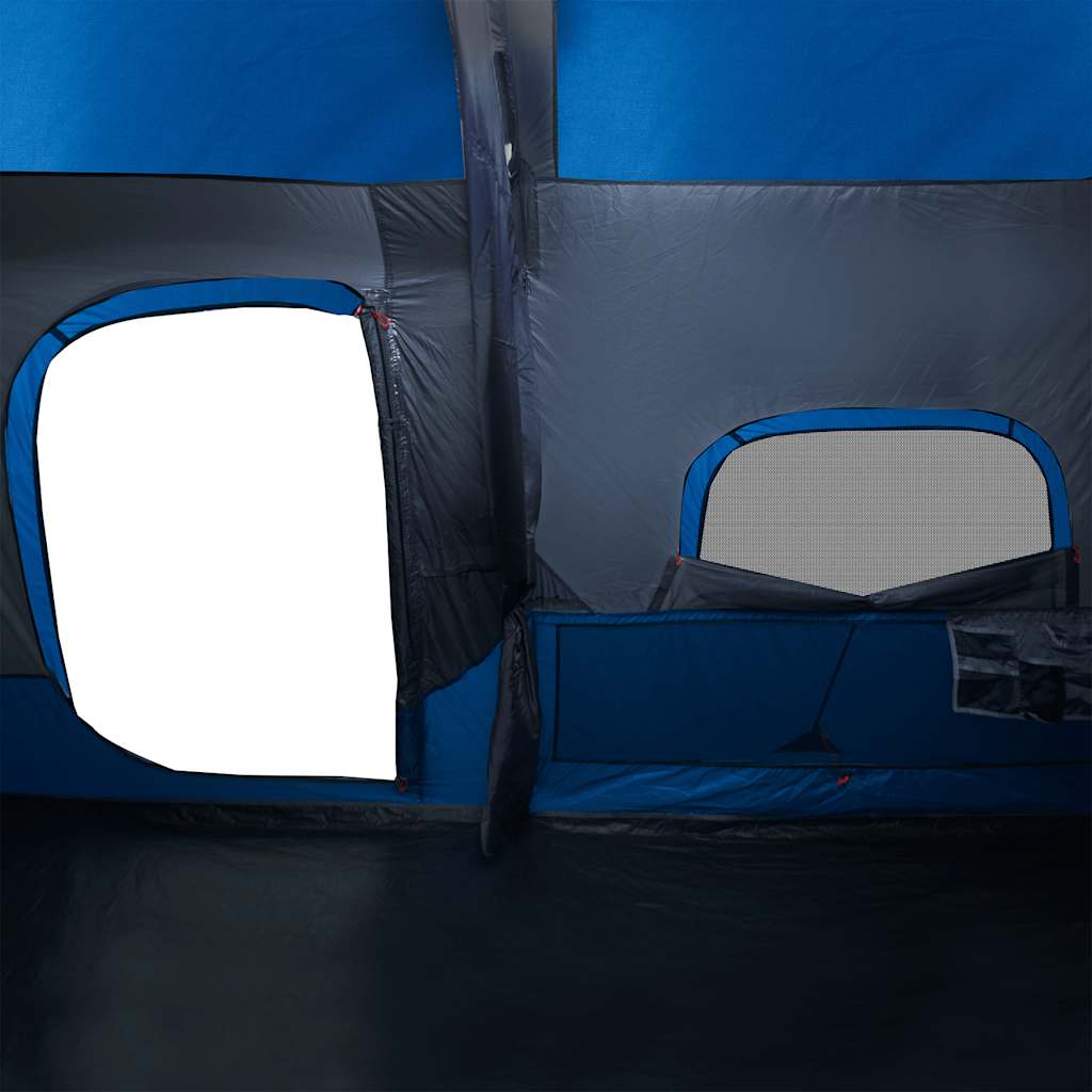 Detail van de blauwe vidaXL gezinstent met waterdichte ramen en ventilatieroosters.