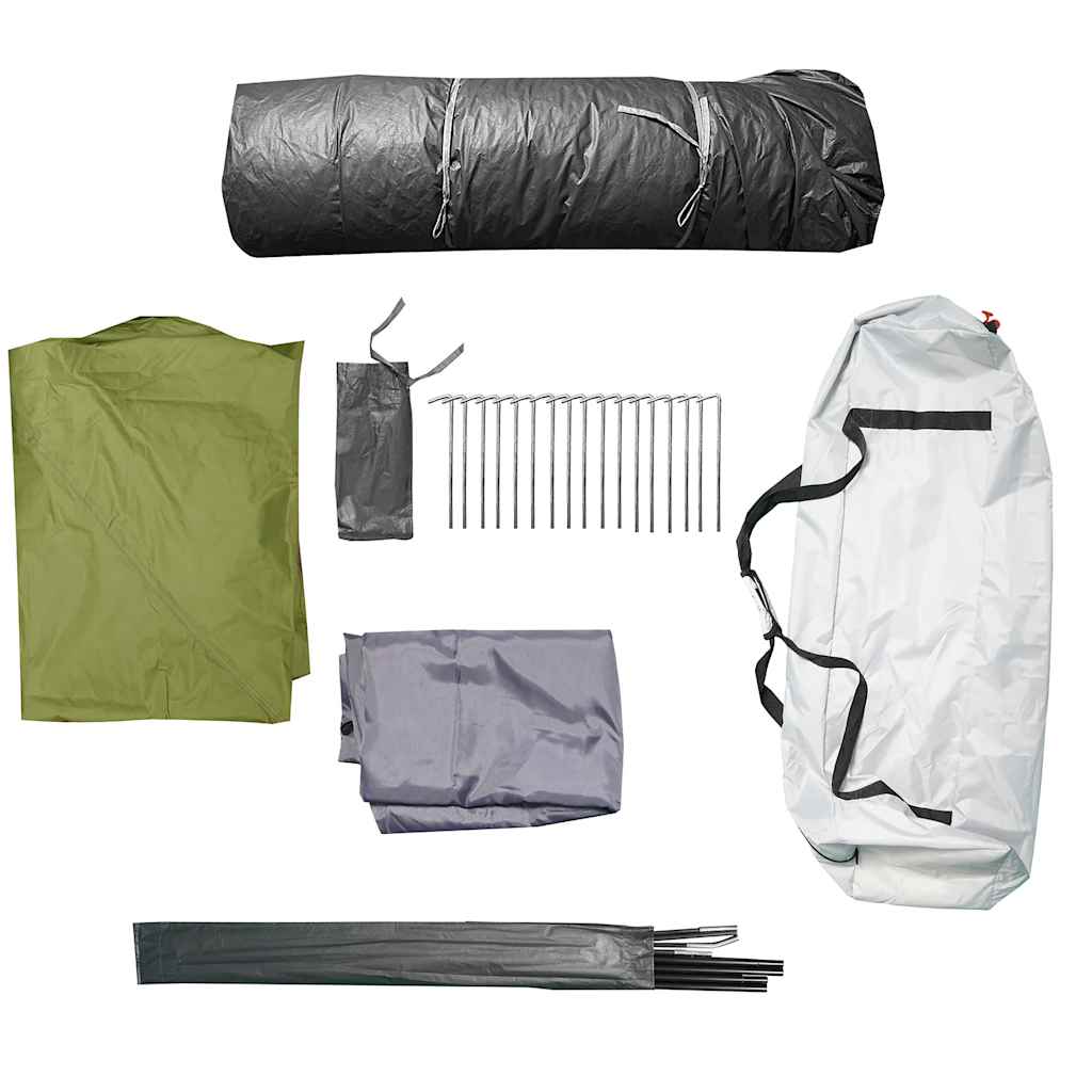 Detail van de accessoires van de vidaXL 9-persoons tent, waaronder stokken en haringen.