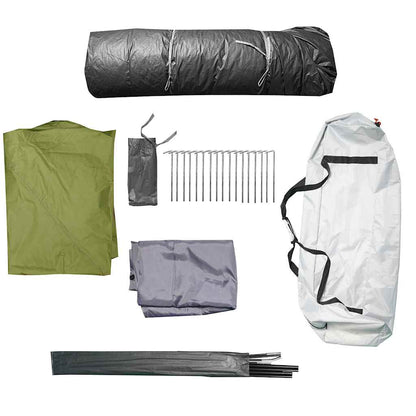 Detail van de accessoires van de vidaXL 9-persoons tent, waaronder stokken en haringen.
