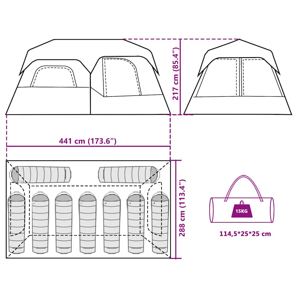 Detail van de vidaXL 9-persoons tent met afmetingen en opbergzak in groen.