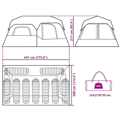 Detail van de vidaXL 9-persoons tent met afmetingen en opbergzak in groen.