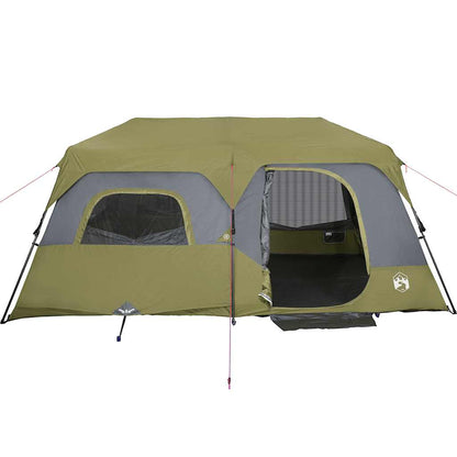 Detail van de vidaXL 9-persoons tent in groen met snelontgrendeling en gaaswanden.