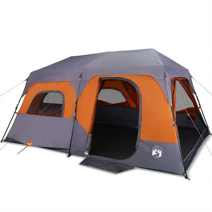 Zijaanzicht van de vidaXL 9-persoons tent met grijze en oranje kleuren, met open ingangen.