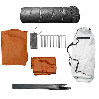 Detail van de grijze en oranje tentaccessoires van vidaXL, inclusief haringen en stokken.