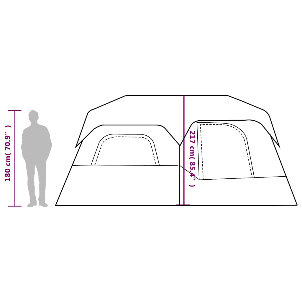 Detailweergave van de tent met afmetingen en hoogte, vidaXL 9-persoons tent in grijs en oranje.