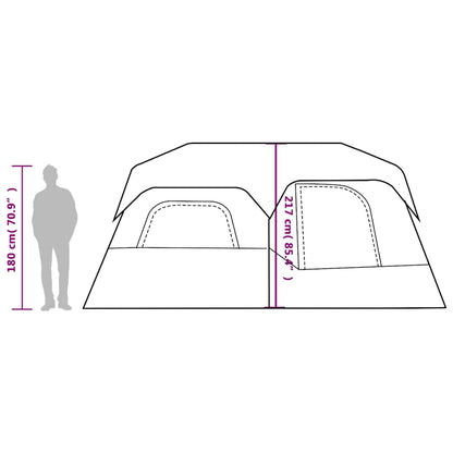 Detailweergave van de tent met afmetingen en hoogte, vidaXL 9-persoons tent in grijs en oranje.