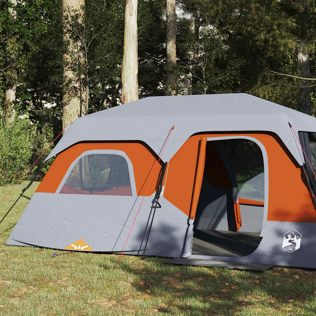 Detail van de vidaXL tent in grijs en oranje, met gaaswanden voor ventilatie.