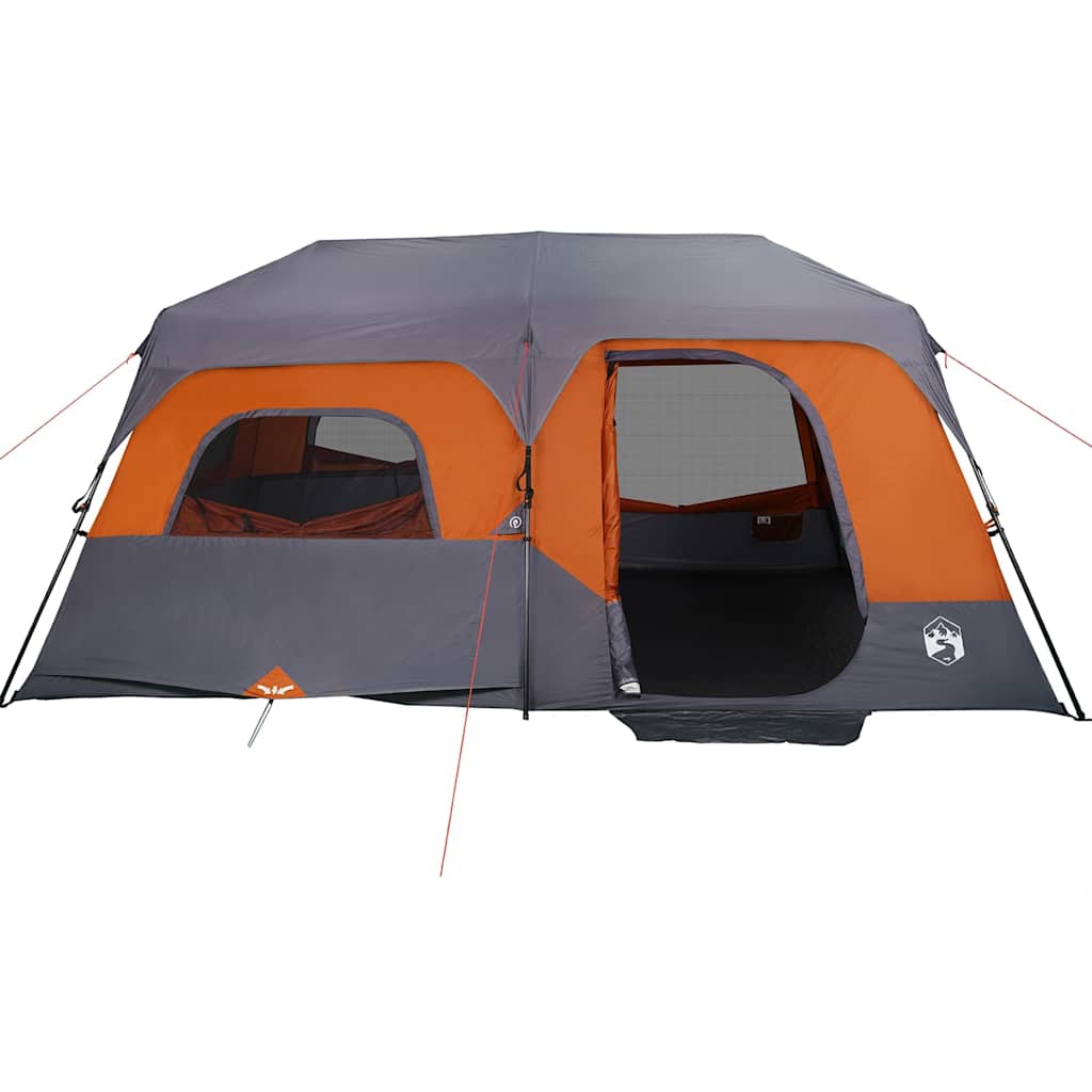 Zijaanzicht van de vidaXL 9-persoons tent in grijs en oranje met open deur en gaaswanden.