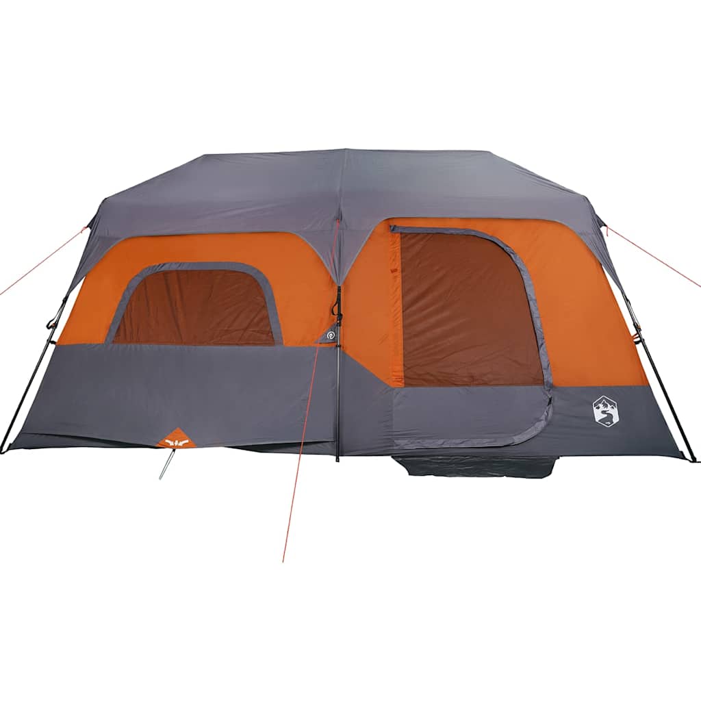 Detail van de vidaXL 9-persoons tent met grijze en oranje kleur, zijaanzicht van de ingang.