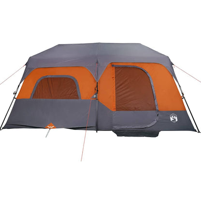 Detail van de vidaXL 9-persoons tent met grijze en oranje kleur, zijaanzicht van de ingang.