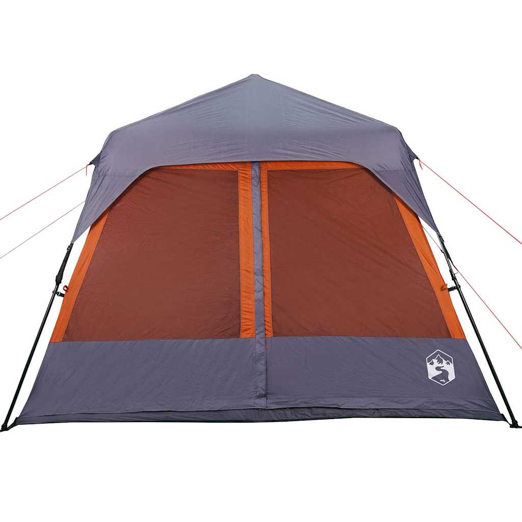 Detail van de tent met grijze en oranje kleuren, inclusief gaaswanden voor ventilatie.
