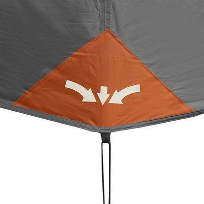 Detail van de oranje en grijze tent met snelontgrendeling en logo van vidaXL.