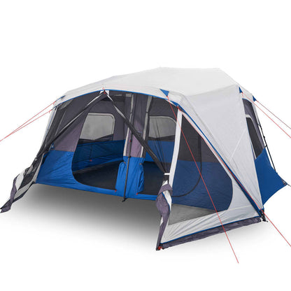 Zijaanzicht van de vidaXL tent met lichtblauwe en grijze details, met open ingangen.