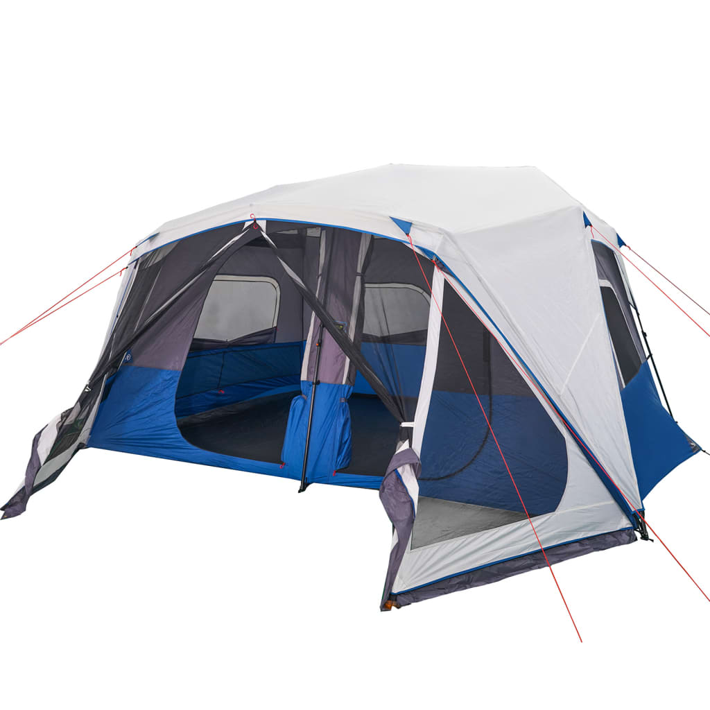Zijaanzicht van de vidaXL tent met waterdichte blauwe en grijze details.