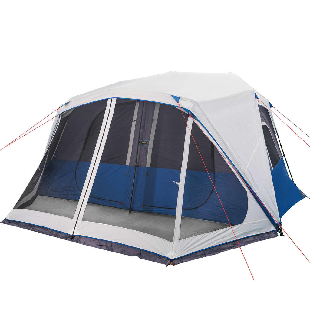 Detail van de tent vidaXL 10-persoons met waterdichte blauwe en witte materialen.