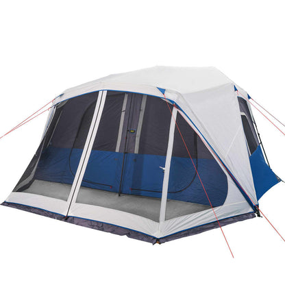 Detail van de tent vidaXL 10-persoons met waterdichte blauwe en witte materialen.