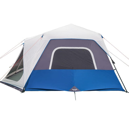 Detail van de tent vidaXL met lichtblauwe en grijze elementen en een zijaanzicht van de ingang.