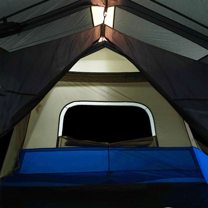 Detail van het interieur van de vidaXL tent met LED-verlichting en raamopening.