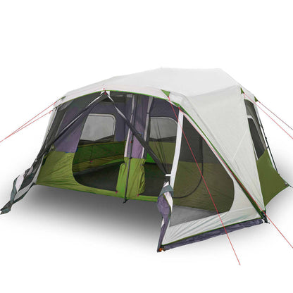 Lichtgroene vidaXL tent voor 10 personen, zijaanzicht met open ingang en ventilatieroosters.