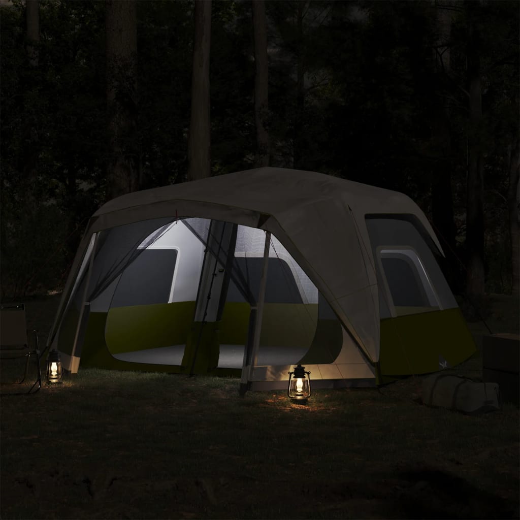 Detail van de vidaXL tent met LED-verlichting, lichtgroen, in de avond met sfeerverlichting.