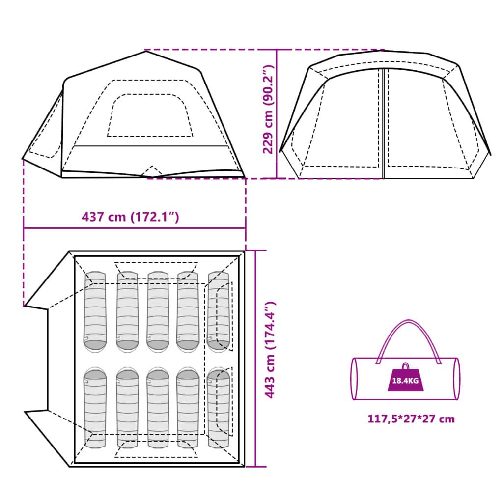 Detailtekening van de vidaXL tent met afmetingen en indeling voor 10 personen.