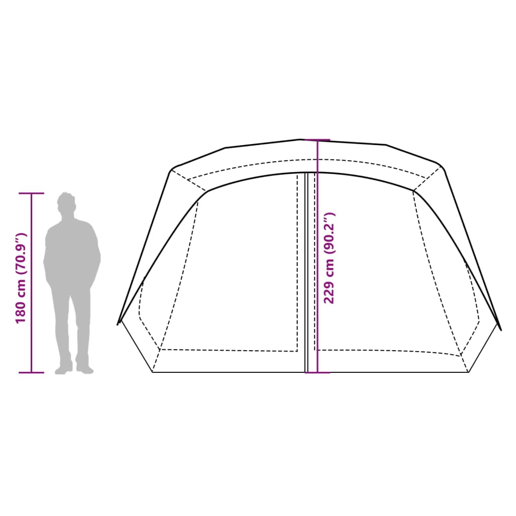 Zijaanzicht van de vidaXL tent met LED verlichting, hoogte 180 cm en breedte 229 cm.
