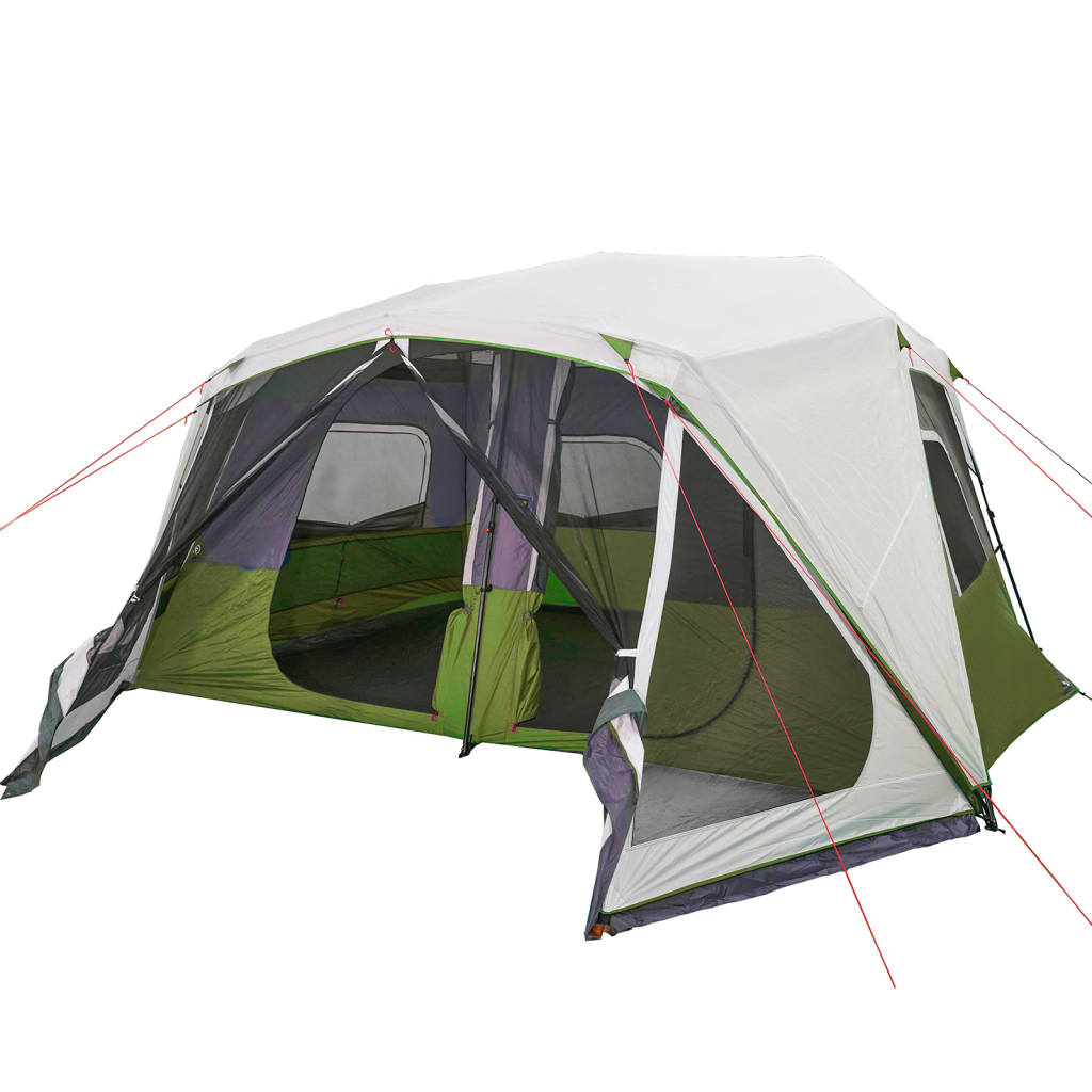 Zijaanzicht van de vidaXL tent met lichtgroene en grijze details, met open ingangen.