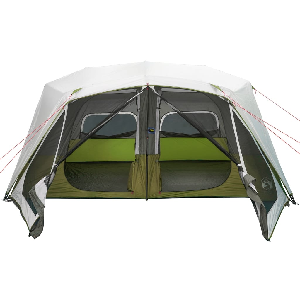Vooraanzicht van de vidaXL tent met LED-verlichting, lichtgroen en open ingangen.