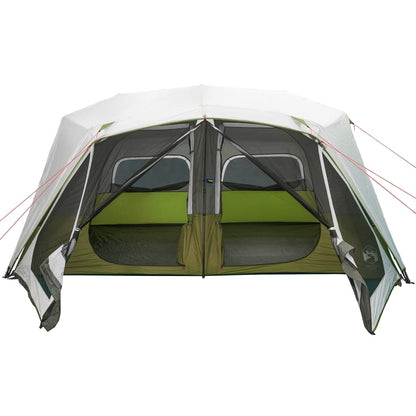 Vooraanzicht van de vidaXL tent met LED-verlichting, lichtgroen en open ingangen.