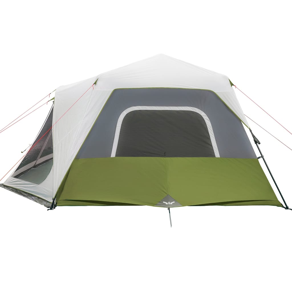 Detail van de tent met lichtgroene zeilen en grijze zijwanden, zijaanzicht.
