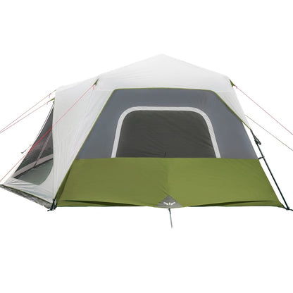 Detail van de tent met lichtgroene zeilen en grijze zijwanden, zijaanzicht.