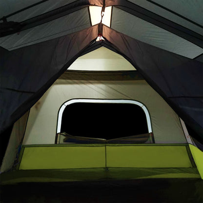 Detail van de binnenkant van de vidaXL tent met LED verlichting, lichtgroen en venster.