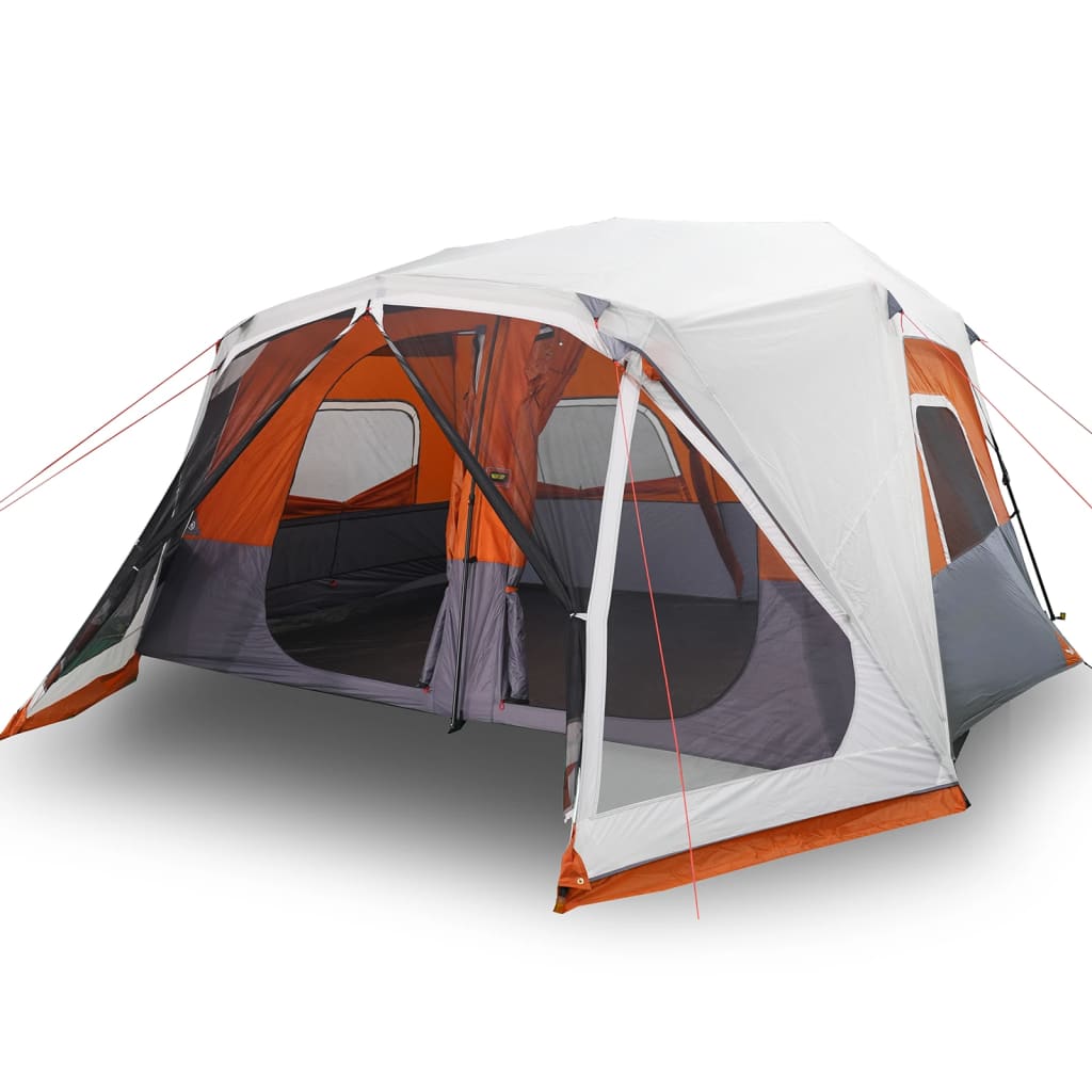 Tent vidaXL 10-persoons in lichtgrijs en oranje, zijaanzicht met open ingangen.