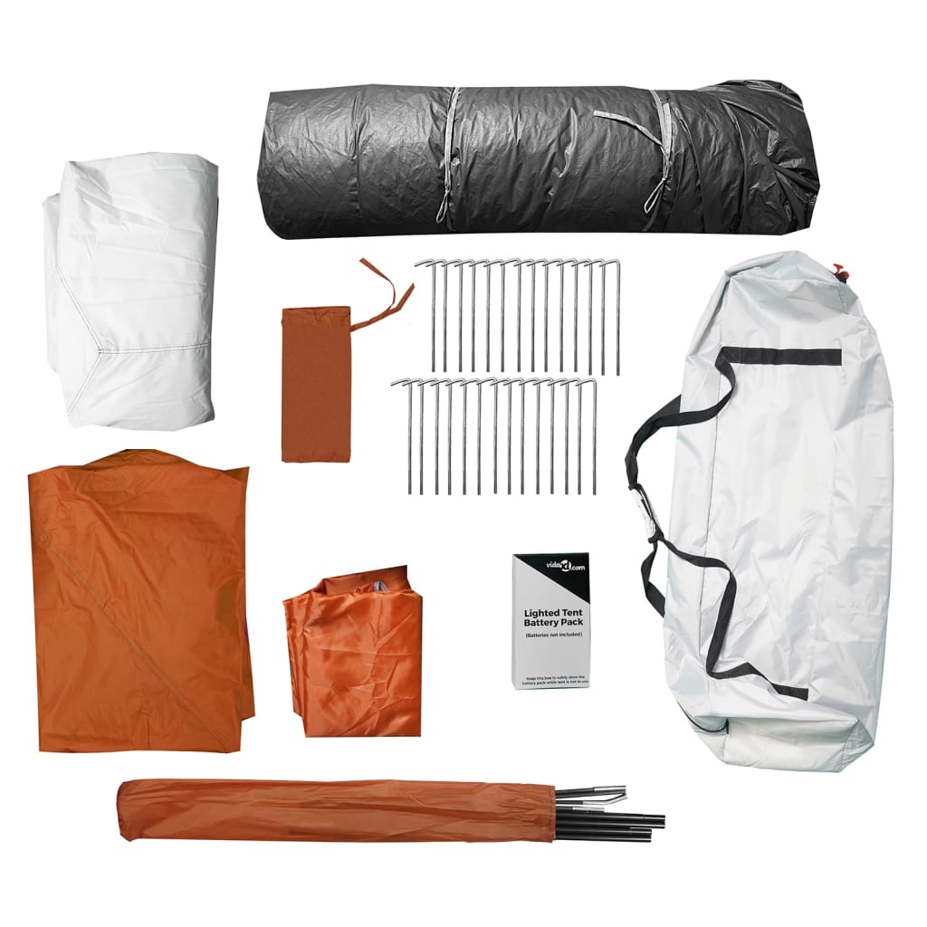 Detail van de vidaXL tentaccessoires, inclusief haringen, batterijen en tentdoeken.