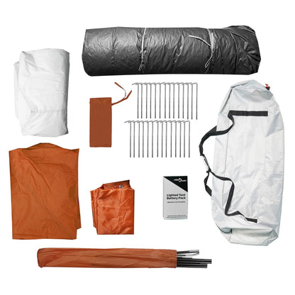 Detail van de vidaXL tentaccessoires, inclusief haringen, batterijen en tentdoeken.